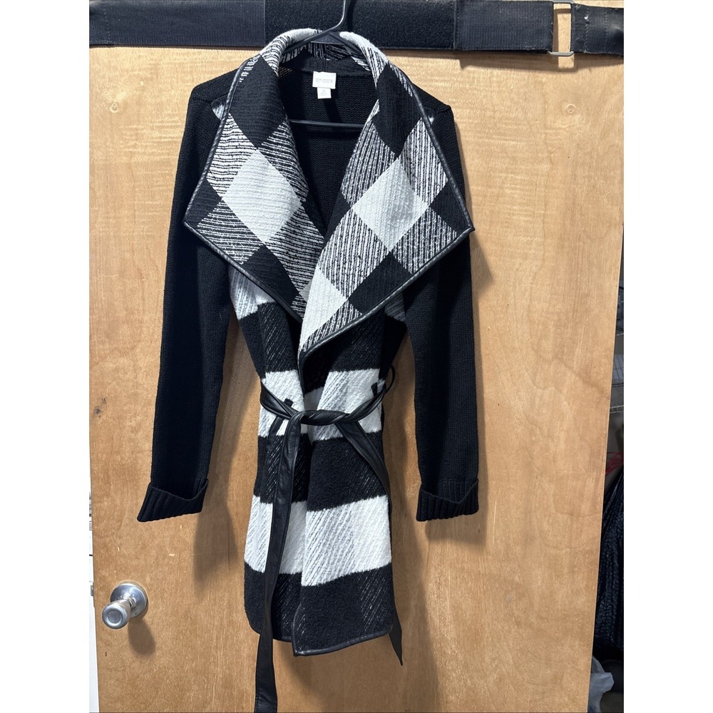 Chicos Wrap Sweater Jacket With Belt Wool Mix Black White Gray Size 2